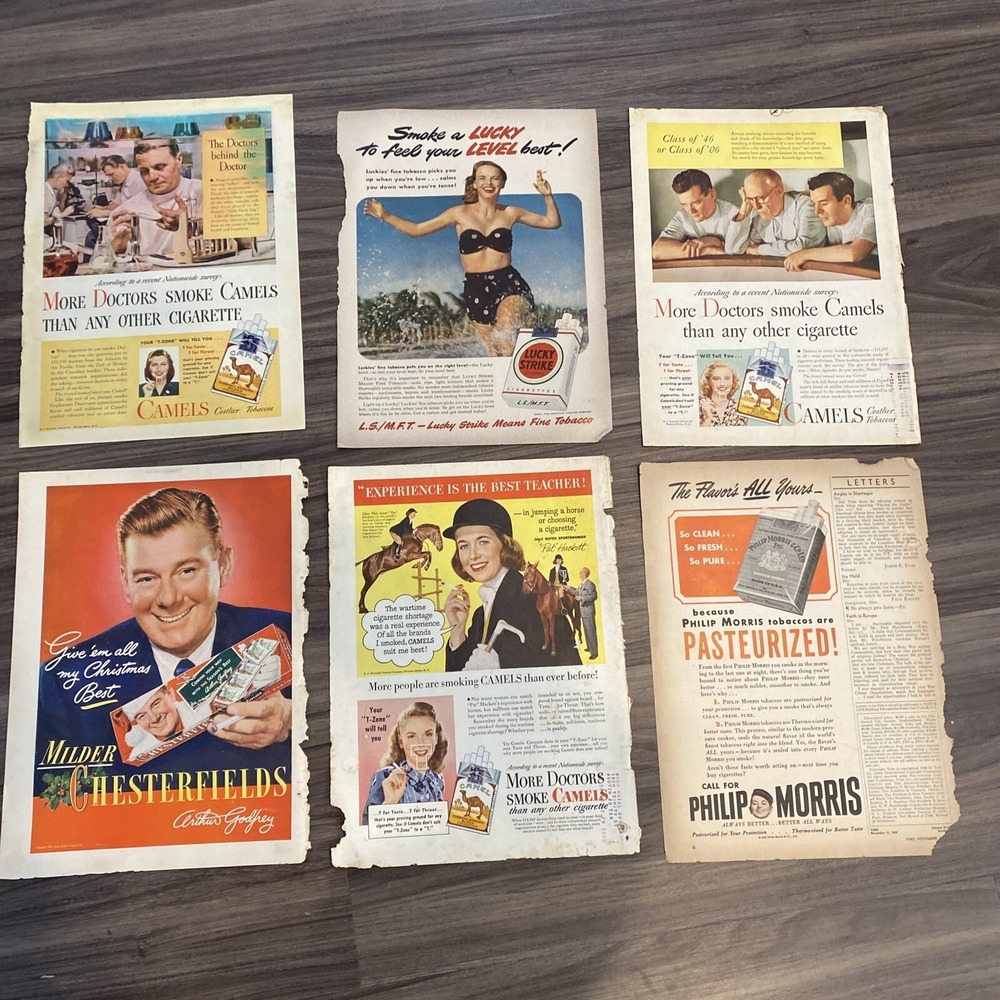 Vtg 1940s Cigarette Magazine Ads Lot 7 Camels Lucky Strike Chesterfield Philip